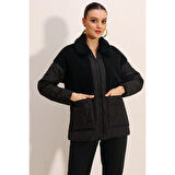 Lucky Life Kadın Peluş Detaylı Oversize Şişme Mont - Siyah