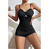Lucky Life  Siyah Dantel Metal Aksesuarlı Özel Tasarım Babydoll