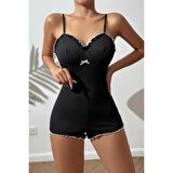 Lucky Life  Siyah Dantel Metal Aksesuarlı Özel Tasarım Babydoll