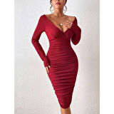 Lucky Life Kadın Uzun Kollu Derin Kruvaze Yakalı Büzgülü Sandy Midi Elbise