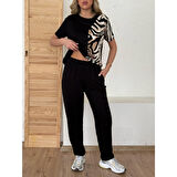 Lucky Life Kadın Bisiklet Yaka Kısa Kol Leopar Desen Bluz Ve Pantolon Ikili Takım