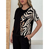 Lucky Life Kadın Bisiklet Yaka Kısa Kol Leopar Desen Bluz Ve Pantolon Ikili Takım