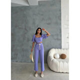 Lucky Life Kadın KETEN CROP KARPUZ KOL BLUZ-PANTOLON HASIR KEMERLİ - Mor