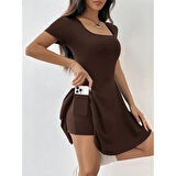 Lucky Life Kadın Kısa Kollu Kare Yaka Short Detaylı Cepli Dalgıç Elbise