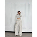 Lucky Life Kadın Uzun Kollu Önü İp Büzgülü  Crop Ve Pantolon İkili Takım - Gri