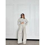 Lucky Life Kadın Uzun Kollu Önü İp Büzgülü  Crop Ve Pantolon İkili Takım - Gri