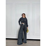 Lucky Life Kadın Uzun Kollu Önü İp Büzgülü Crop Ve Pantolon İkili Takım - Antrasit