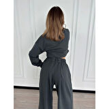 Lucky Life Kadın Uzun Kollu Önü İp Büzgülü Crop Ve Pantolon İkili Takım - Antrasit