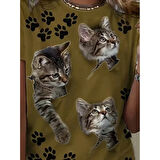Lucky Life Kadın Kısa Kollu Kedi Ve Pati Baskılı Süprem T-shirt