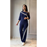 Lucky Life Kadın Uzun Kollu Truvakar Kol Tek Omuz çapraz şerit Detaylı Ribanalı Viskon Iki Iplik Bluz Ve Pantolon Ikili Takım