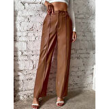 Lucky Life Kadın önden Fermuarlı Cepli Geniş Kesim Lame Deri Pantolon