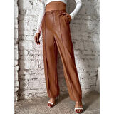 Lucky Life Kadın önden Fermuarlı Cepli Geniş Kesim Lame Deri Pantolon