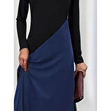 Lucky Life Kadın Uzun Kollu V Yakalı Blok Desenli Viskon Elbise