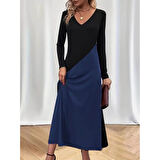 Lucky Life Kadın Uzun Kollu V Yakalı Blok Desenli Viskon Elbise