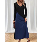 Lucky Life Kadın Uzun Kollu V Yakalı Blok Desenli Viskon Elbise