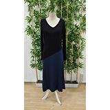 Lucky Life Kadın Uzun Kollu V Yakalı Blok Desenli Viskon Elbise