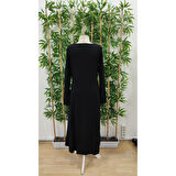 Lucky Life Kadın Uzun Kollu V Yakalı Blok Desenli Viskon Elbise