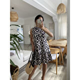 Lucky Life Kadın Kolsuz Sırttan Bağlamalı Fırfırlı Leopar Desenli Süprem Elbise