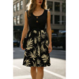 Lucky Life Kadın Askılı Yuvarlak Yaka Düğmeli üst Viskon Alt Desenli Süprem Elbise