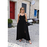 Lucky Life Kadın Sırttan çapraz Bağcıklı Yırtmaçlı Cepli Viskon Elbise