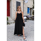 Lucky Life Kadın Sırttan çapraz Bağcıklı Yırtmaçlı Cepli Viskon Elbise