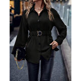 Lucky Life Kadın Uzun Kollu Yakalı önden Düğmeli Belden Kemerli Ithal Krep Bluz