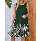 Lucky Life Kadın Askılı Yuvarlak Yakalı Yaprak Desenli Dalgıç Elbise