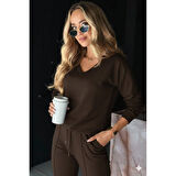 Lucky Life Kadın Uzun Kollu V Yakalı Viskon Iki Iplik Bluz Ve Pantolon Ikili Takım