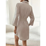 Lucky Life Kadın Uzun Kollu Yakalı önden Düğmeli Beli Kuşaklı Mini Ithal Keten Elbise
