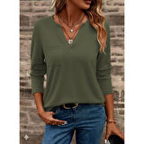 Lucky Life Lucky Life Kadın Uzun Kollu Cepli V Yakalı Viskon Iki Iplik Bluz