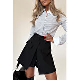 Lucky Life Kadın Yüksek Bel Düğmeli Asimetrik Kesim Cepli Kısa Ithal Krep şort Etek