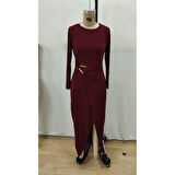 Lucky Life Kadın Uzun Kollu önden çapraz Detaylı Yandan Toka Detaylı Uzun Sandy Elbise