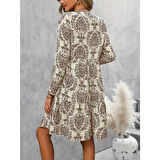 Lucky Life Kadın Uzun Kollu V Yakalı Fırfırlı Mini Süprem Elbise