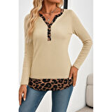 Lucky Life Kadın Uzun Kollu Yakadan Düğmeli Leopar Detaylı Kaşkorse Bluz