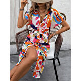 Lucky Life Kadın Kısa Kollu Yakalı önü Düğmeli önden Drapeli Desenli Süprem Elbise