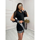 Lucky Life Kadın Uzun Kollu V Yakalı Pulpayetli Ithal Krep Mini Elbise