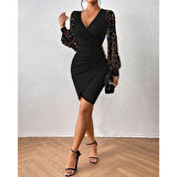 Lucky Life Kadın Uzun Kollu Pul Payetli Kruvaze Yaka Yandan Düğmeli Kısa Ithal Krep Elbise