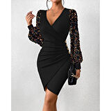 Lucky Life Kadın Uzun Kollu Pul Payetli Kruvaze Yaka Yandan Düğmeli Kısa Ithal Krep Elbise