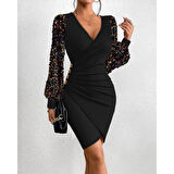 Lucky Life Kadın Uzun Kollu Pul Payetli Kruvaze Yaka Yandan Düğmeli Kısa Ithal Krep Elbise