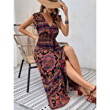 Lucky Life Kadın Kısa Kollu V Yakalı Deseni Yırtmaçlı Süprem Elbise