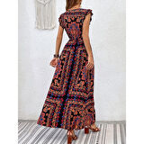 Lucky Life Kadın Kısa Kollu V Yakalı Deseni Yırtmaçlı Süprem Elbise