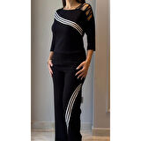 Lucky Life Kadın Uzun Kollu Truvakar Kol Tek Omuz çapraz şerit Detaylı Ribanalı Viskon Iki Iplik Bluz Ve Pantolon Ikili Takım