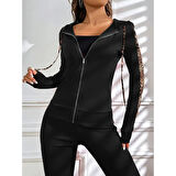 Lucky Life Kadın Uzun Kollu Kapşonlu Fermuarlı Bağcıklı Viskon Iki Iplik Bluz Ve Pantolon Tayt