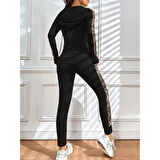 Lucky Life Kadın Uzun Kollu Kapşonlu Fermuarlı Bağcıklı Viskon Iki Iplik Bluz Ve Pantolon Tayt