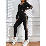 Lucky Life Kadın Uzun Kollu Kapşonlu Fermuarlı Bağcıklı Viskon Iki Iplik Bluz Ve Pantolon Tayt