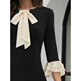 Lucky Life Kadın Truvakar Kollu Fiyonk Yakalı Midi Ithal Krep Elbise