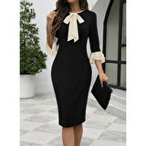 Lucky Life Kadın Truvakar Kollu Fiyonk Yakalı Midi Ithal Krep Elbise