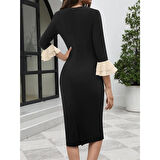 Lucky Life Kadın Truvakar Kollu Fiyonk Yakalı Midi Ithal Krep Elbise