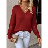 Lucky Life Kadın Uzun Kollu V Yaka Kol Delikli Baklava Desen Detaylı Triko Kazak