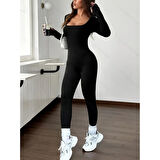 Lucky Life Kadın  Uzun Kollu Kare Yakalı Fermuarlı Parmaktan Geçmeli Dalgıç Tulum